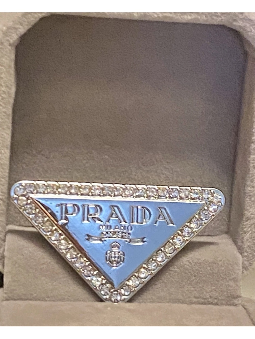 Prada Silver-Tone Triangle Logo Pin with Crystal Border
